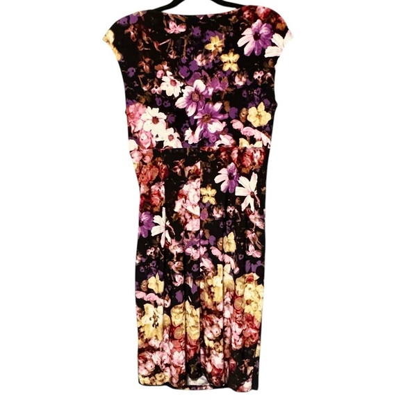 Ralph Lauren Dark Floral Surplice Neckline Faux Wrap Black Purple Sheath Dress - Picture 7 of 11
